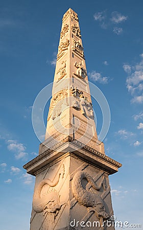 Obelisk close to Porta Napoli, historic gate to the city of Lecce in Puglia, Southern Italy. Editorial Stock Photo