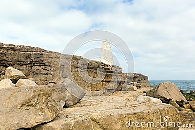 Obelisk Portland Bill Isle of Portland Dorset England UK south of the island warns ships of danger Stock Photo