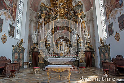 Interior architecture with furniture decorations frescoes and sculptures of the church of Paul Catholic Parish and St Peter in Editorial Stock Photo