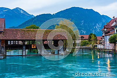 Obere Schleuse covered bridge in Swiss town Unterseen Stock Photo