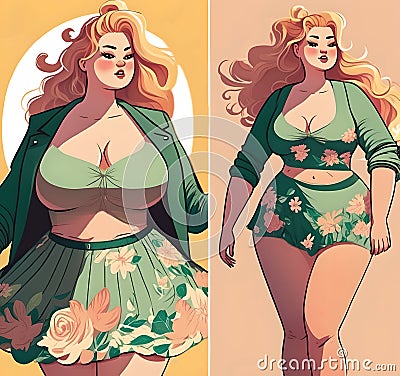 Obese beauty pinup woman fashion illustration generative ai Cartoon Illustration