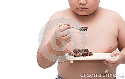 Obese fat boy eat nama chocolate isolated on white Stock Photo