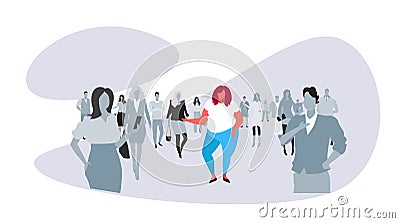 Obese fat woman standing out from crowd businesspeople silhouettes over size girl different individuality concept female Vector Illustration