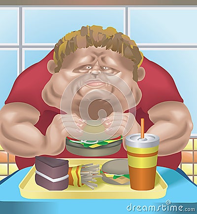 Obese man in fast food restaurant Vector Illustration