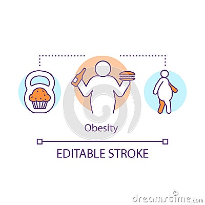 Obesity disease concept icon. Overweight problem idea thin line illustration. Unhealthy nutrition, junk food eating Vector Illustration