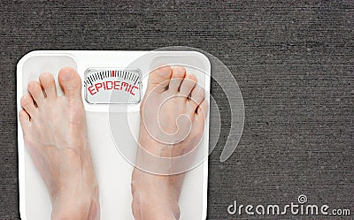 Obesity Epidemic Concept With Feet on Bathroom Scale Isolated With Copy Space Stock Photo