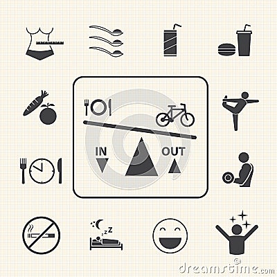 Obesity related diseases and prevention. Vector icons set Vector Illustration