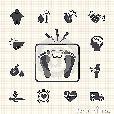 Obesity related diseases and prevention. Vector icons set Vector Illustration