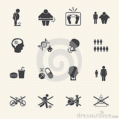 Obesity related diseases and prevention vector icons set Vector Illustration