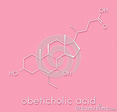Obeticholic acid liver disease drug molecule. Agonist of farnesoid x receptor FXR. Skeletal formula. Stock Photo