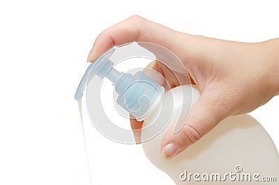 Object - Bottle of liquid soap in female hand Stock Photo