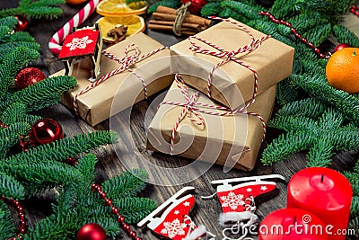 Object Christmas - Three presents in retro wrapping, cinnamon and green dense fir Stock Photo