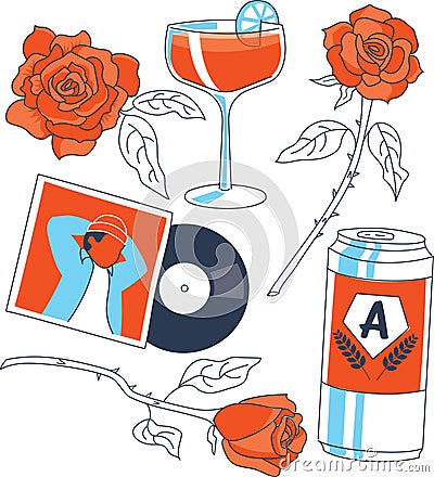 Object illustrations of a date night, include: music album record, roses, flowers, cocktail drinks, and beer Cartoon Illustration