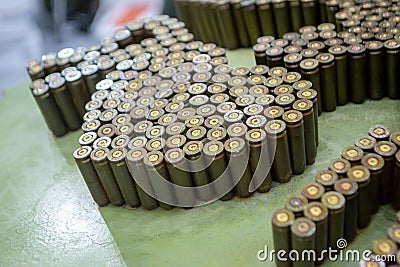 Object made up spent used cartridge cases. Lots used shells from cartridge cases Stock Photo