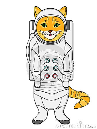 Object on white background. Red cat in a spacesuit and cosmonaut costume. raster imitation comic style Cartoon Illustration