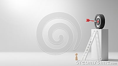 Objective and target concept design of wooden people with ladder and target dart on grey box with copy space 3D render Stock Photo