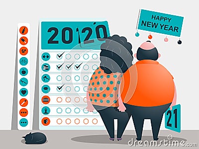 The objectives, plan and goals for the years 2020 - 2021. Calendar of useful and bad habits and addictions. Funny fat characters. Cartoon Illustration