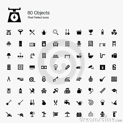 80 Objects Pixel Perfect Icons Vector Illustration