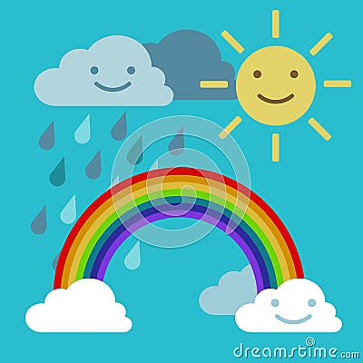 Objects rainbow iris arch, sun and rainclouds vector Vector Illustration