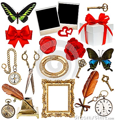 Objects for scrapbook. clock, key, photo frame, butterfly Stock Photo