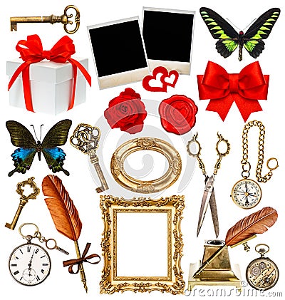 Objects for scrapbook. clock, key, photo frame, butterfly, rose Stock Photo