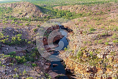 Oblique aerial view of Bell Gorge and Waterfall in the King Leopold Conservation Park, Kimberley, Australia Stock Photo