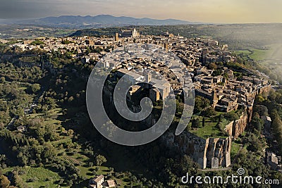 oblique aerial view at sunset of the town of orvieto Stock Photo