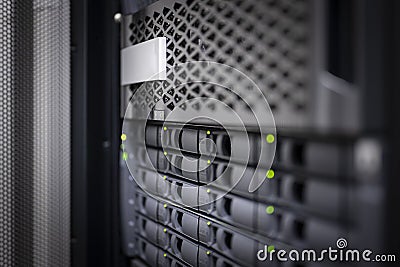 oblique perspective on a network storage device with many hard drives Stock Photo