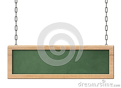 Oblong green blackboard with bright wooden frame hanging on chains Stock Photo