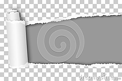 Oblong snatched hole in transparent sheet of paper from right to left side with paper curl and gray resulting background. Vector Vector Illustration