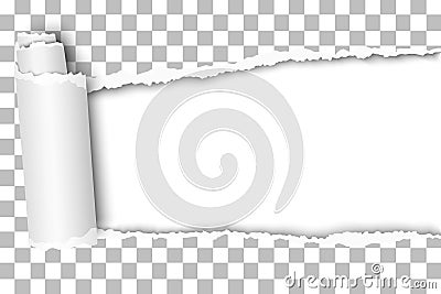 Oblong snatched hole in transparent sheet of paper from right to left side with paper curl and white resulting background. Vector Vector Illustration