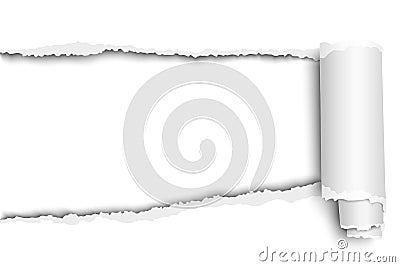 Oblong snatched hole in white sheet of paper from left side to right side with paper curl and soft shadow. Vector paper template Vector Illustration