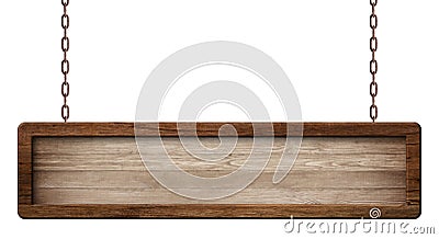 Oblong wooden board made of dark wood and with dark frame hanging on chains Stock Photo