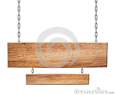 Oblong wooden double sign made of natural wood hanging on chains Stock Photo