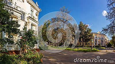 Obninsk, Russia - August 2020: Panorama with architecture of the 1950s in the Old Town Editorial Stock Photo