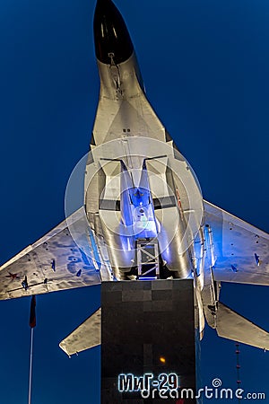 Obninsk, Russia - July 2016: Monument-plane on pedestal MiG-29 Editorial Stock Photo