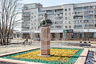 OBNINSK, RUSSIA - MARCH 2017: Bust of physicist Frederic Joliot-Curie in Obninsk Editorial Stock Photo