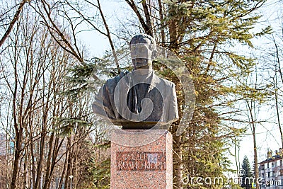 Obninsk, Russia - March 2016: Monument-bust to physicist Frederic Joliot-Curie Editorial Stock Photo