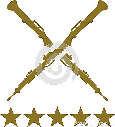 Oboe crossed with five golden stars Vector Illustration