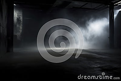 Obscured Elegance: Abstract Panoramic View of Dark Room Concrete Floor with Moving Fog. Generative AI Stock Photo