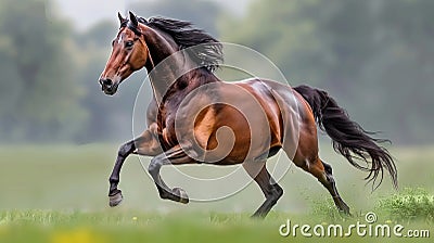 Observant and focused horse galloping freely in the vast expanse of an open field Stock Photo