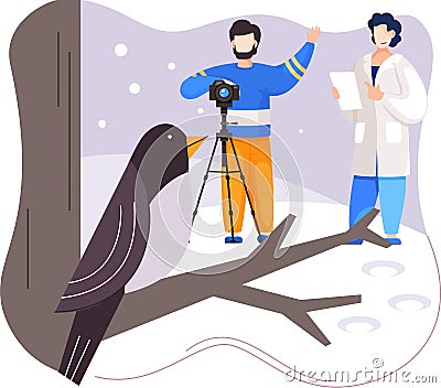 Observation of animals in wild. Ecologists scientists conduct research, take care of fowl and nature Vector Illustration