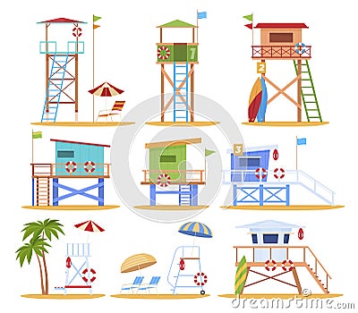 Observation deck at beach with lifeguard tower set vector flat illustration lifequarder construction Vector Illustration
