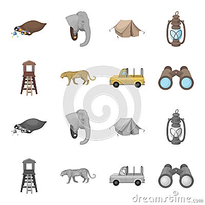 Observation tower for the hunter, leopard, hunting machine, binoculars. African safari set collection icons in cartoon Vector Illustration