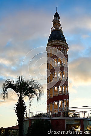 Observation tower with open spiral staircase at sunset Editorial Stock Photo