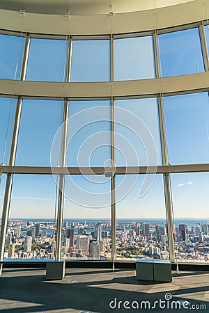 Observation windows in Tokyo with views of skyscrapers Japan. Stock Photo