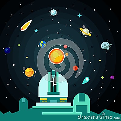 Observatory station, solar system with planets Vector Illustration