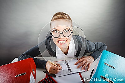 Obsessed secretary at work. Stock Photo