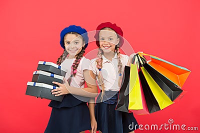 Obsessed with shopping and clothing malls. Shopaholic concept. Shopping become fun with best friends. Kids cute Stock Photo