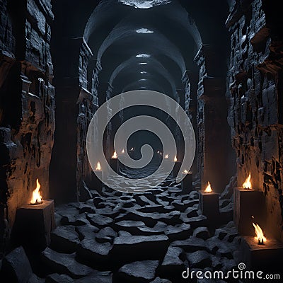 Obsidian Catacombs of Unending Darkness, A labyrinthine network, feeble torches. Stock Photo